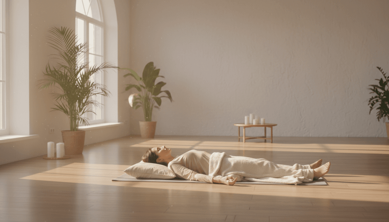 Person lying down practicing breathwork in a peaceful studio with soft natural light
