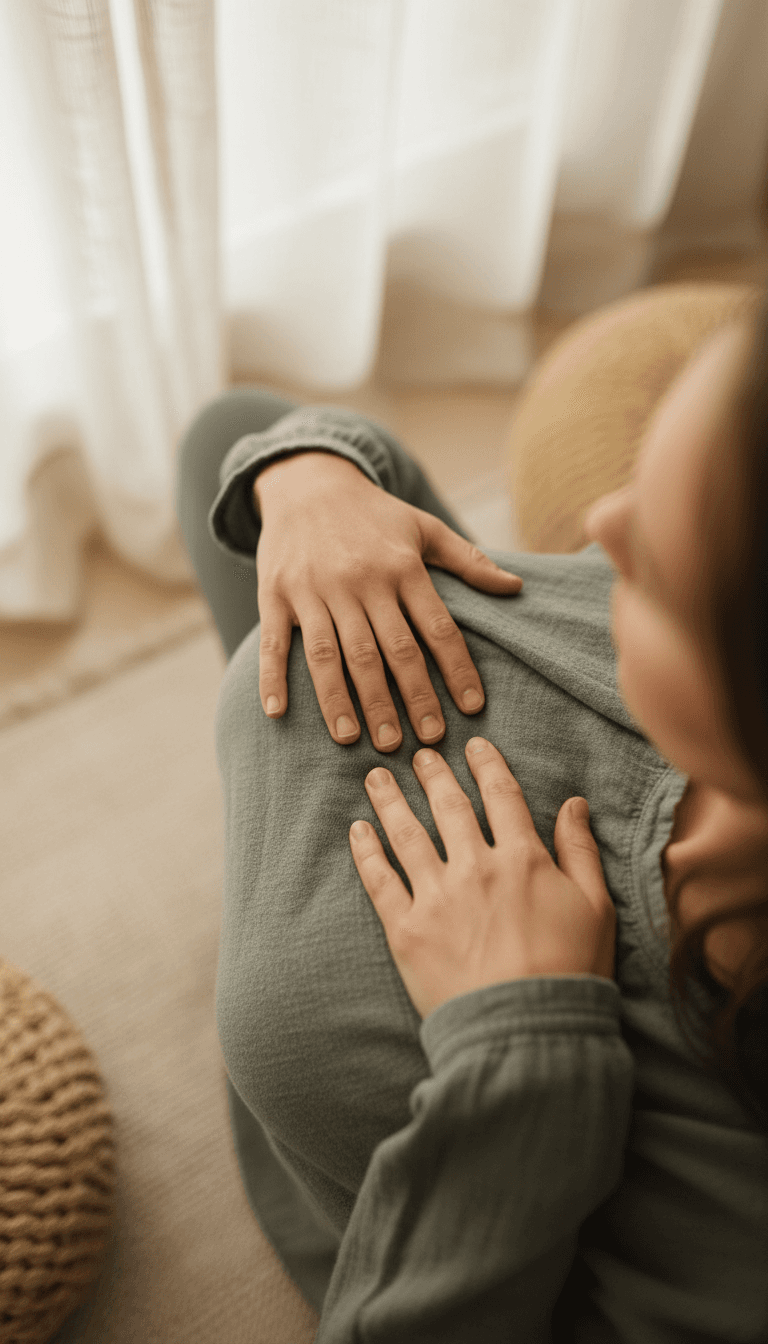 Person in breathwork session with hands on chest, peaceful and centered