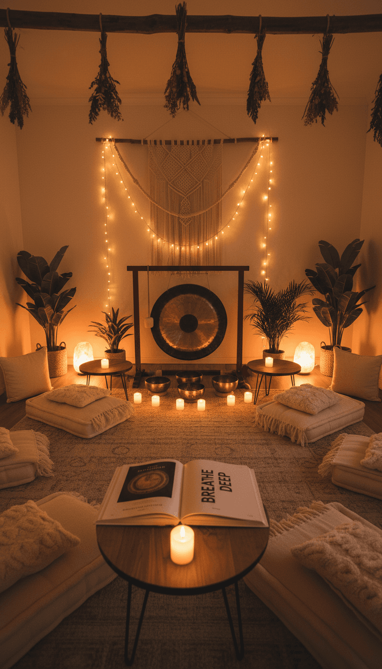 Serene, warmly lit private space with comfortable seating and soft natural light, creating a safe, inviting environment for breathwork sessions