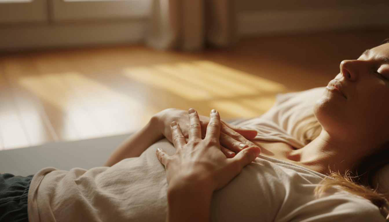 Client practicing breathwork with hands on chest