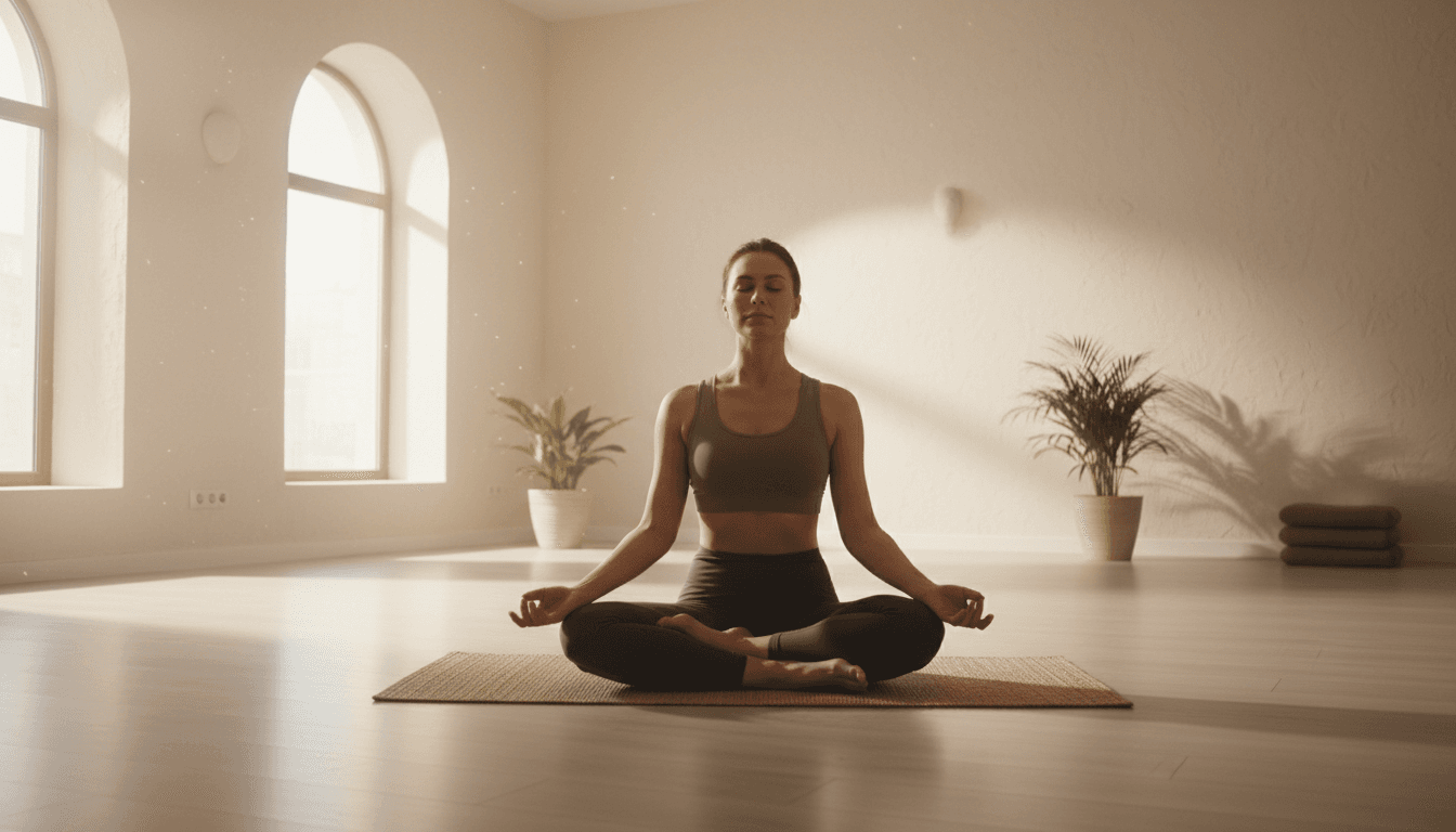 Person breathing deeply in a calm wellness studio