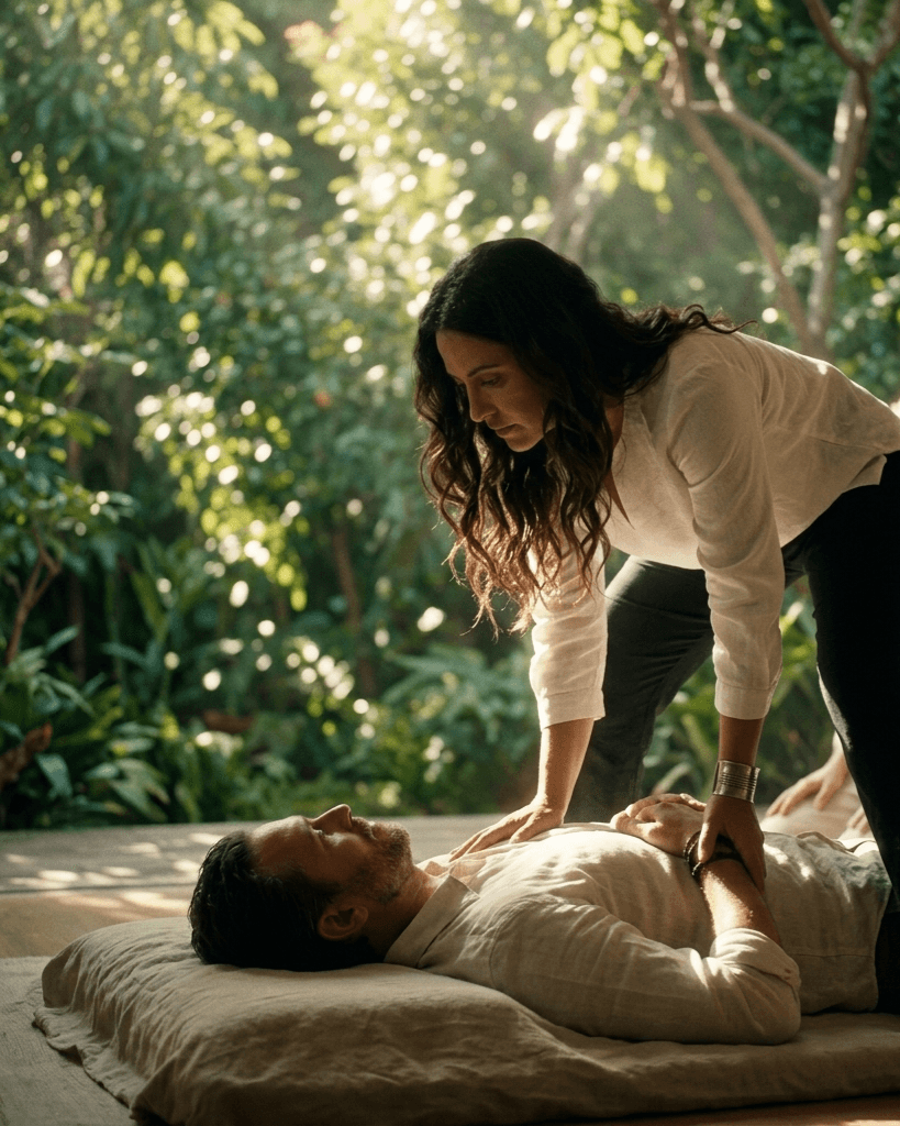 Woman performing a gentle healing touch therapy on a man in a sunlit garden setting.