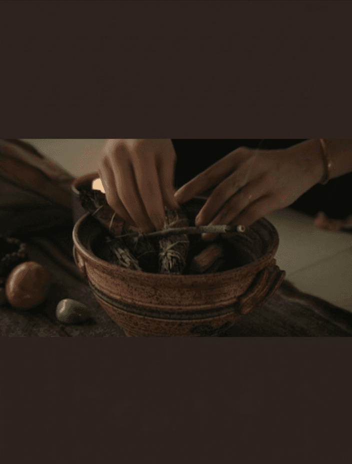 Hands carefully arranging dried sage smudge sticks inside a rustic ceramic bowl in dim light.
