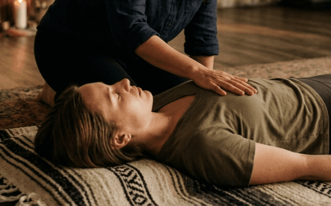 Woman lying on a rug with eyes closed, a hand resting gently on her chest.